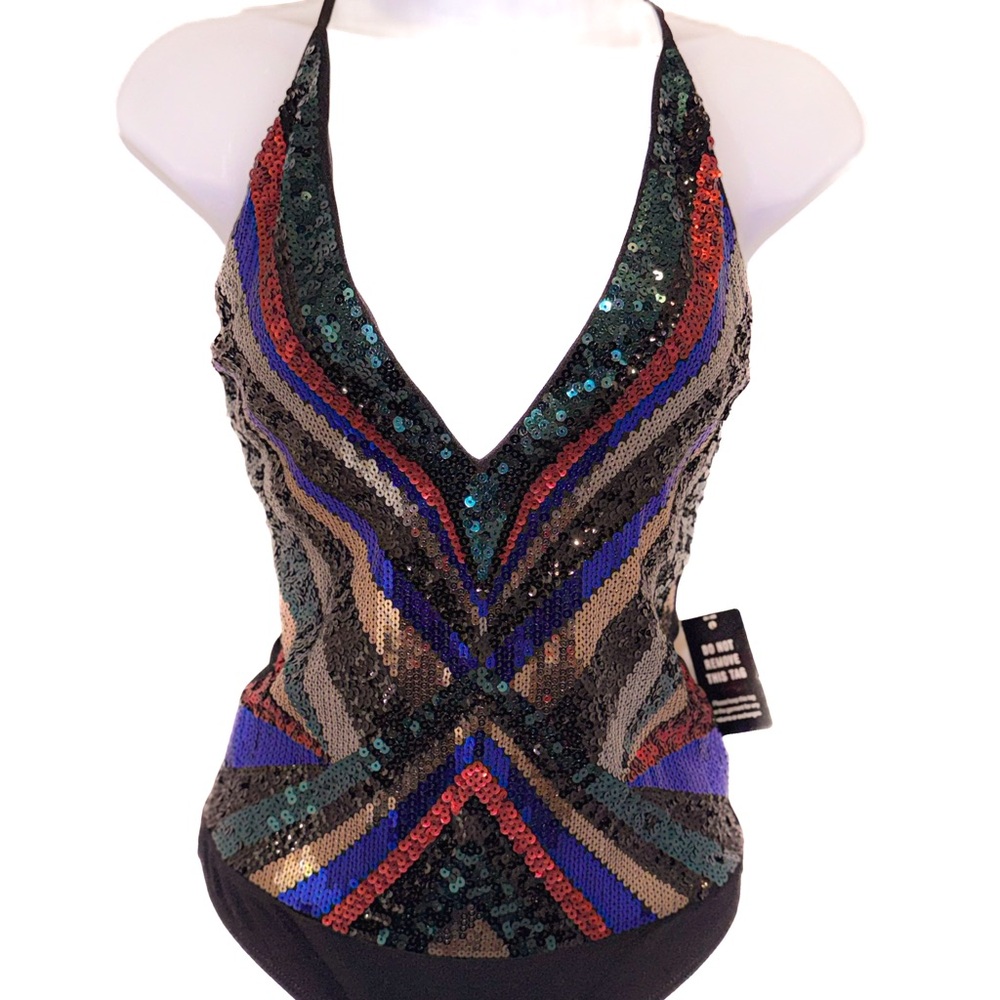 Sequin Bodysuit with Multicolor Geometric Stripes